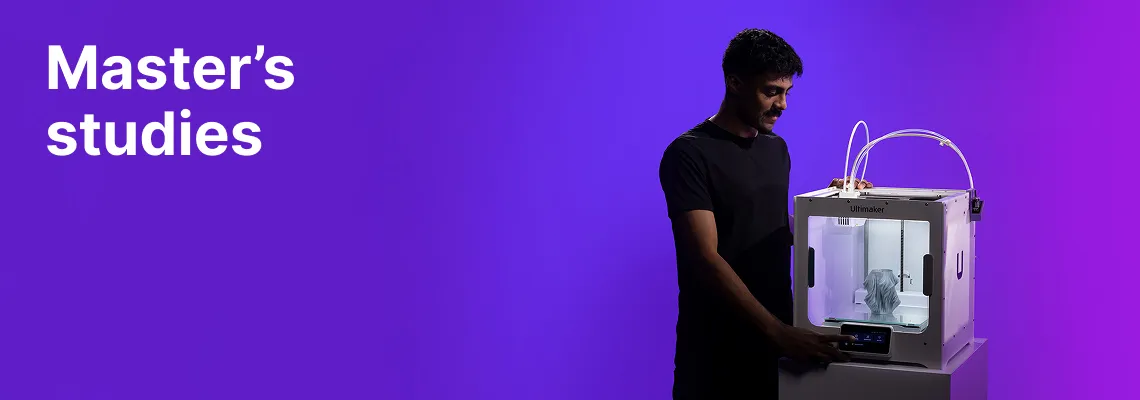 A KTU Faculty of Mechanical Engineering and Design student working with a 3D printer against a violet decorative background. The faculty offers master's studies. Choose KTU master's studies.