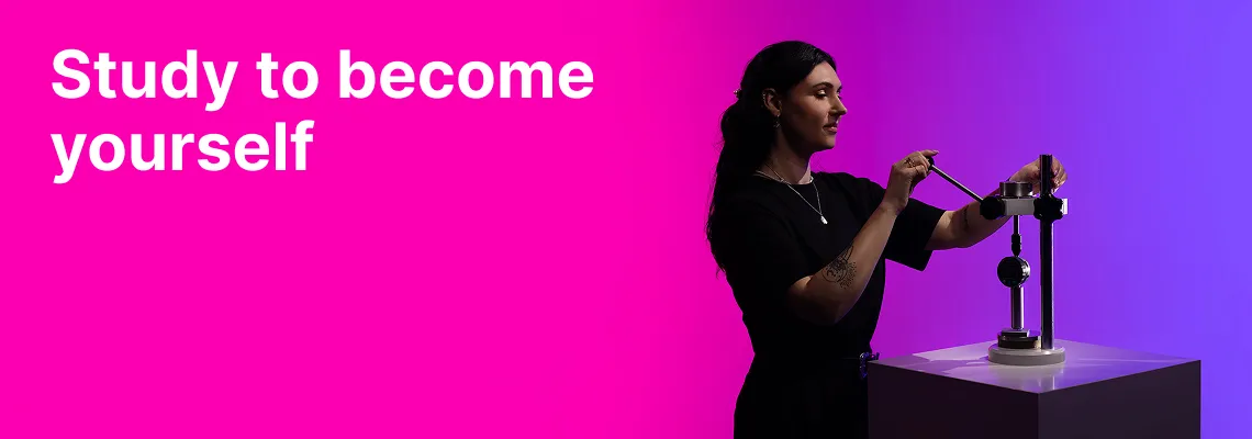 A student of the KTU Faculty of Mechanical Engineering and Design works with measurement equipment against a pink and violet decorative background. On the left, the slogan “Study to become yourself” invites to choose studies at KTU Faculty of Mechanical Engineering and Design.