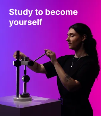 A student of the KTU Faculty of Mechanical Engineering and Design works with measurement equipment against a pink and violet decorative background. On the left, the slogan “Study to become yourself” invites to choose studies at KTU Faculty of Mechanical Engineering and Design.